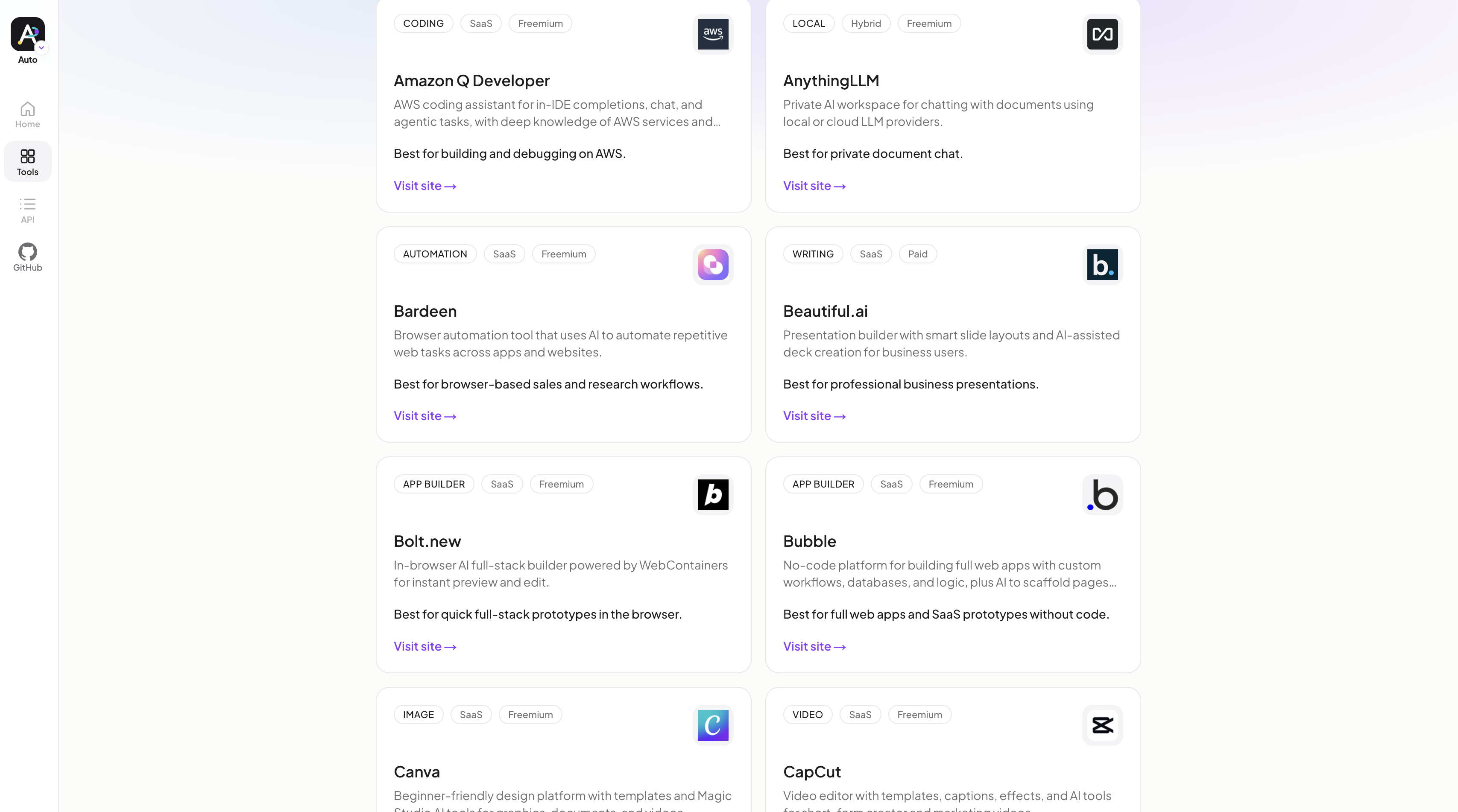 Auto AI tool directory cards