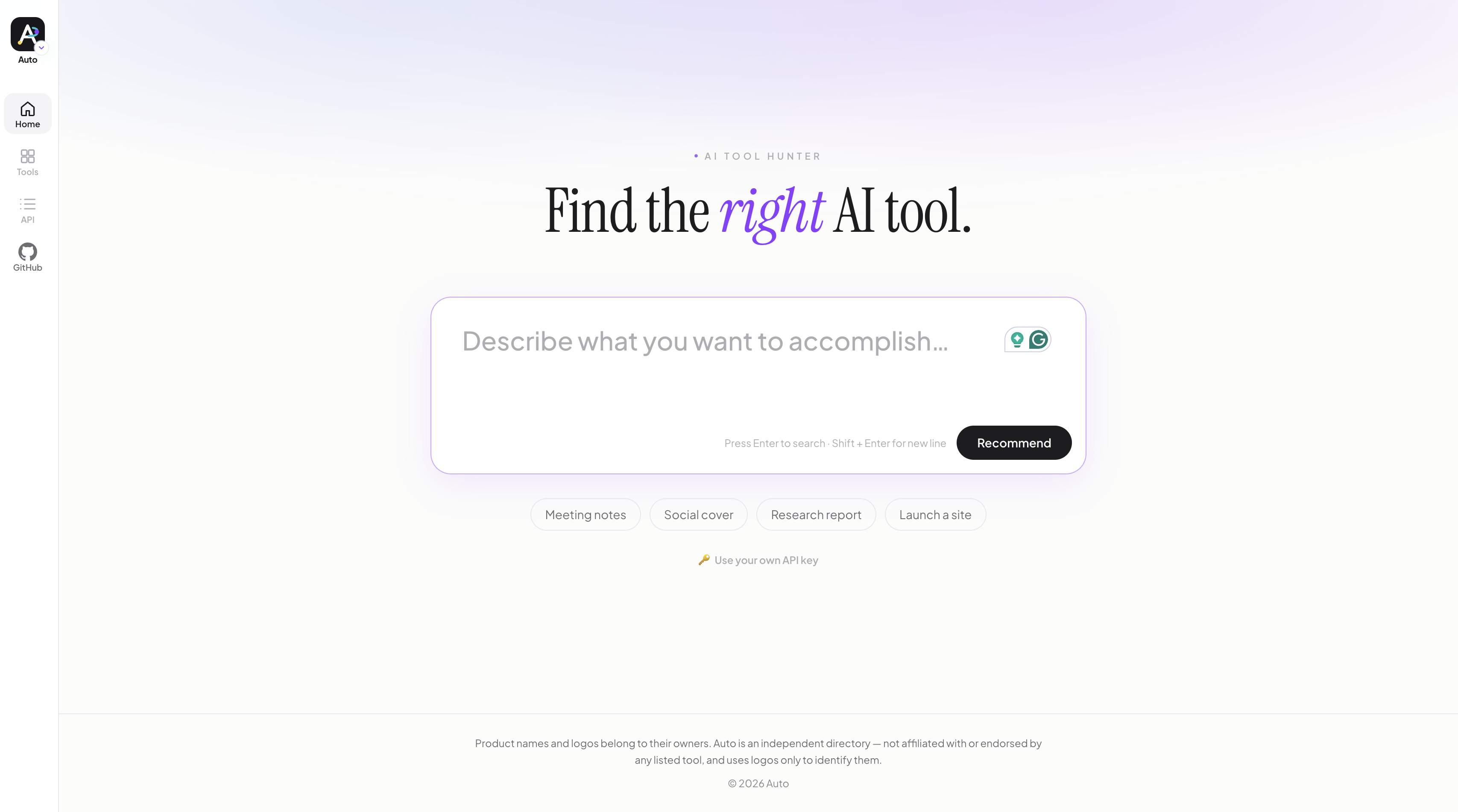 Auto AI tool recommendation homepage