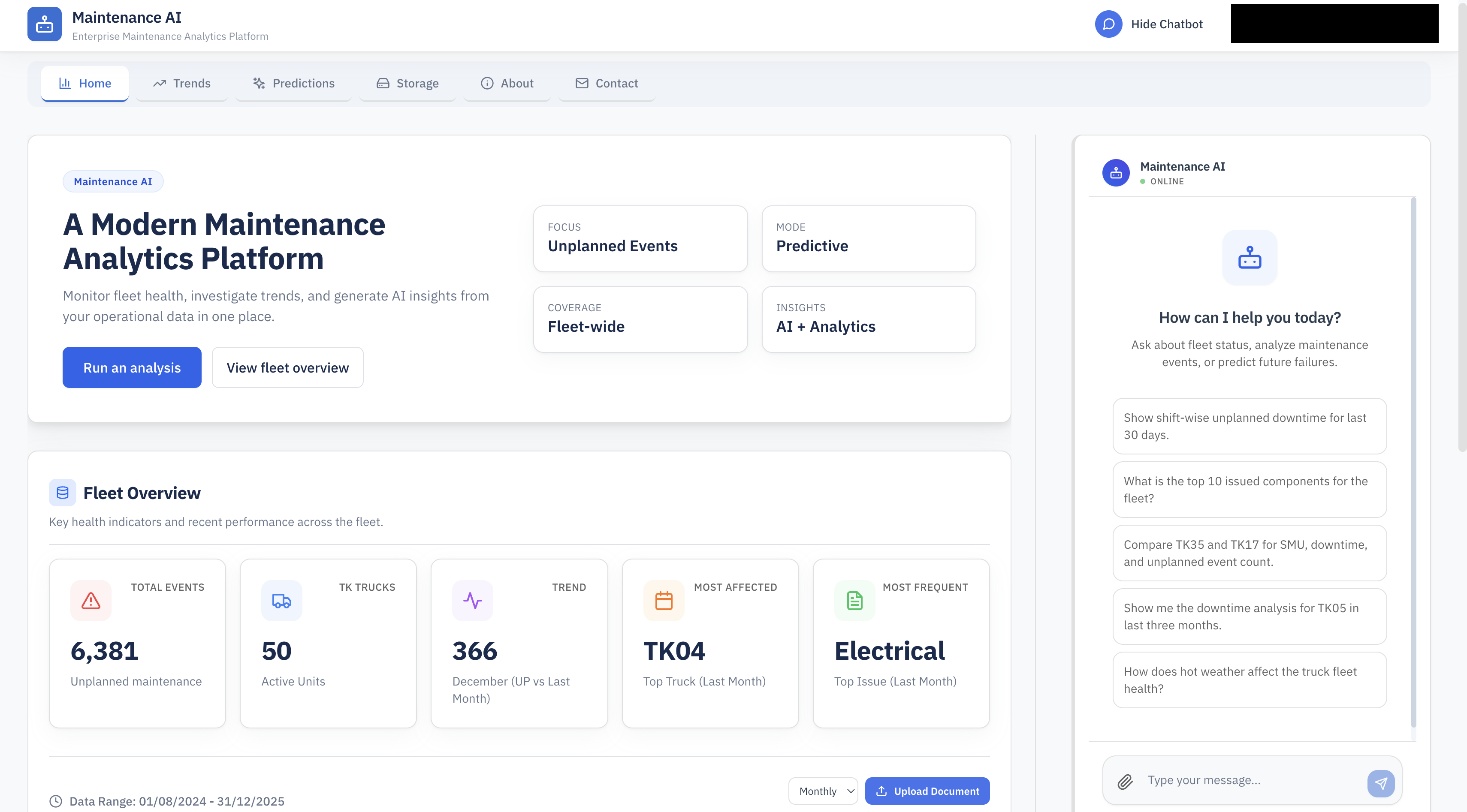 Maintenance AI dashboard showing fleet analytics and an assistant